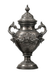 Antique silver samovar with engraved details, ornate finial, curved handles and subtle patina, isolated on transparent background.
