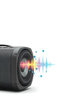 Loudspeaker in the Spotlight: A high-fidelity loudspeaker projects a colorful sound wave pattern, highlighting the power and clarity of its audio capabilities. 