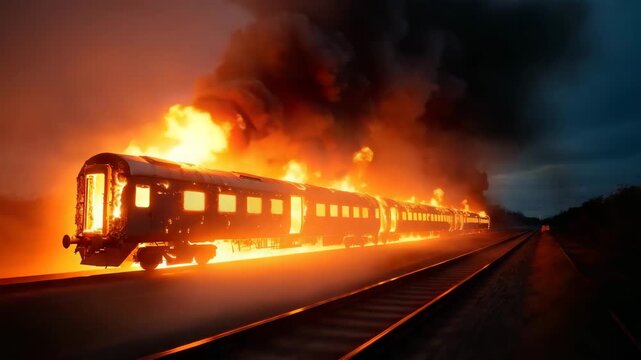 Dramatic Train Derailment Engulfed in Flames and Thick Black Smoke