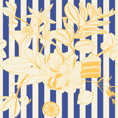 Seamless vector pattern with red cherry, strawbery, flowers and striped green on vertical stripes. Bright and playful Mediterranean design for fabric, branding, kitchen decor, gift wrap or summer. 