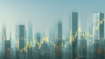 Fototapeta premium 昼の都市に広がる金融チャート表示と高層群