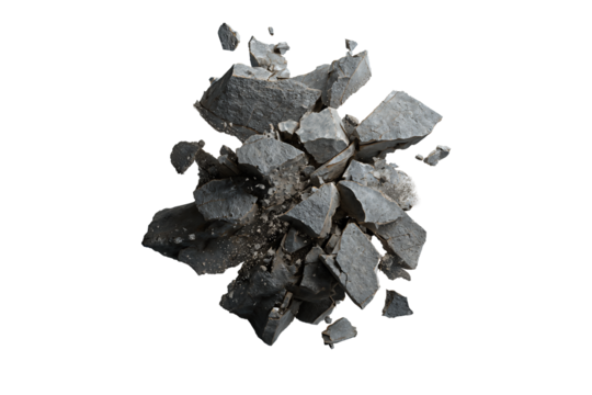 Stone fragment explosion in dark tones with dust particles and jagged shards spreading dynamically, isolated on transparent background.
