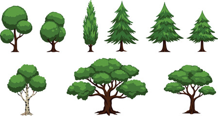 Fototapeta premium Cartoon set of green trees including pine, birch, and broadleaf types, diverse shapes, isolated on white background.