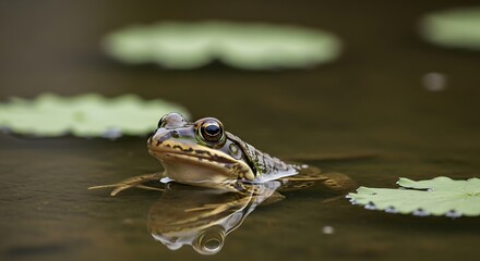Obraz premium Frog on the Water Surface with Lily Pads.