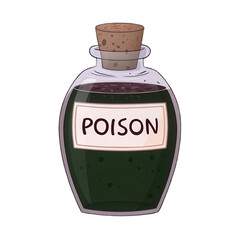 Transparent glass bottle with cork stopper and poison label on background, cartoon style, evokes danger and caution