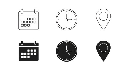 Calendar, Clock, and Location Icons Representing Time, Schedule, and Navigation