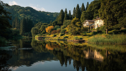 Fototapeta premium 夕暮れの湖畔の家と森が輝く夏の穏やかな景色