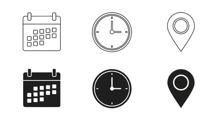 Set of Flat Icons for Calendar, Clock, and Location Pin, representing Time and Planning