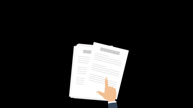 2D animation of a human hand moving documents, applications with a finger gesture. 4K high resolution, isolated on transparent background for easy integration into business, office.