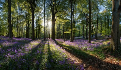 Sunlight streams through a forest floor covered in vibrant purple flowers