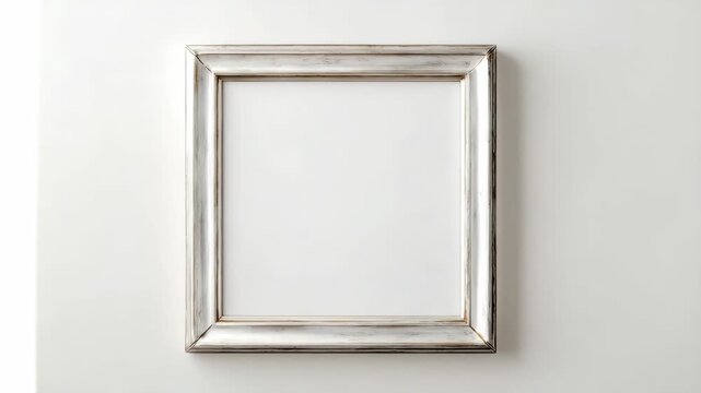 Empty rustic-style wooden frame with distressed white finish hanging on plain white wall, concept of decoration or vintage interior