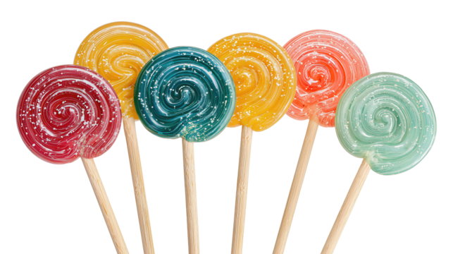 Whimsical set of seven swirled lollipops with vibrant berry, citrus, and teal shades, shiny surface detail, isolated on transparent background.
