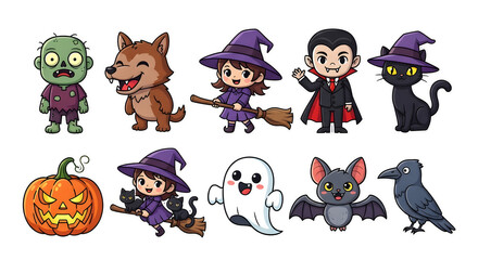 Halloween characters and symbols such as pumpkins, ghosts, vampires, and witches, as well as bats and black cats