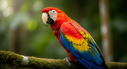 Obraz premium Vibrant Scarlet Macaw Perched on Mossy Branch