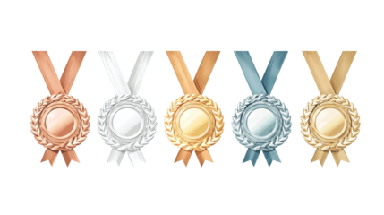 Vector award set featuring bronze, silver, and gold elements with laurel and ribbon icons, arranged in arc, isolated on transparent background.
