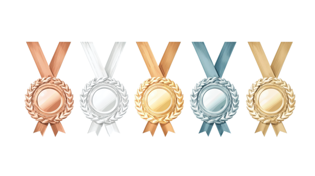 Vector award set featuring bronze, silver, and gold elements with laurel and ribbon icons, arranged in arc, isolated on transparent background.
