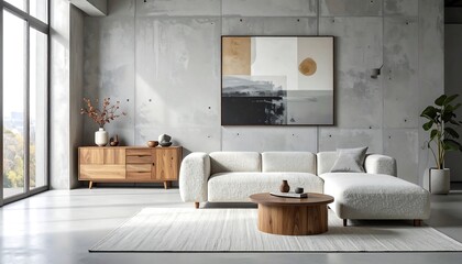 Fototapeta premium A modern, minimalist living room boasts a light-grey concrete wall, a light-beige sectional sofa, a light-brown wooden cabinet, and a round wooden coffee table.