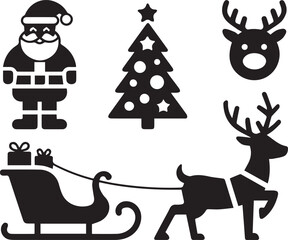 Fototapeta premium Christmas silhouette icons santa claus reindeer sleigh christmas tree presents festive holiday celebration