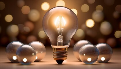 illuminated light bulb among spheres symbolizing innovation