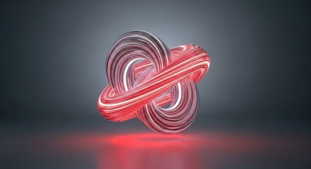 Abstract Woven Knot: A complex and intricate 3D render of a glossy red and white striped impossible shape or torus knot, creating a modern and artistic sculptural object.