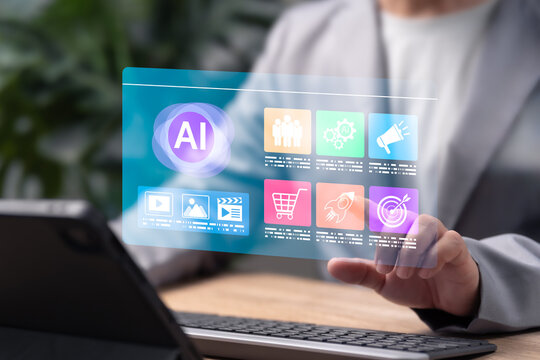 AI Marketing Strategy Concept, Businessman Managing Online Marketing Campaigns with Artificial Intelligence, Data Analytics, Digital Advertising, Customer Insights, Technology-Driven Business Growt