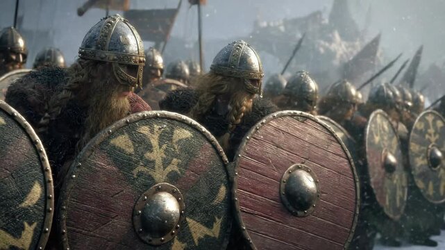 Fierce Viking warriors with bearded faces, round shields, and metal helmets in snow, marching together in a historical battlefield scene