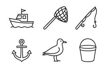 Nautical icon set: boat, fishing net, rod, anchor, seagull, and bucket