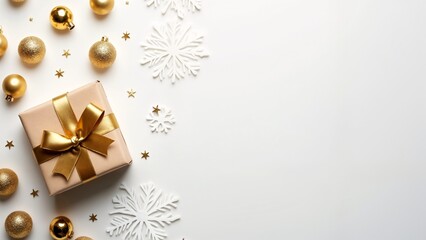 Fototapeta premium A gift box with a gold ribbon and bow surrounded by gold and silver ornaments.