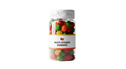 Bottle of multivitamin gummies isolated on transparent background