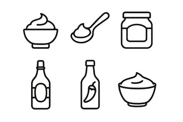 Line icons of condiments: sauces, jars, and bowls