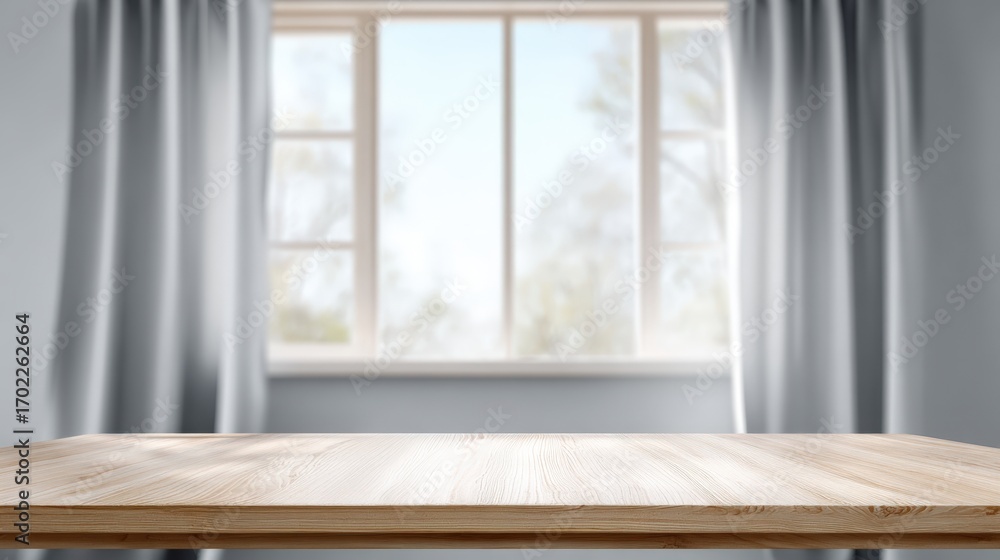 Poster empty wooden table in bright room with window view, background for product mockups