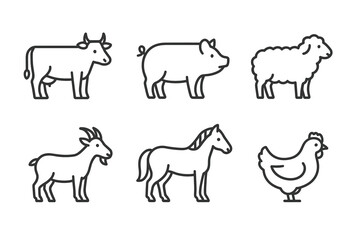 Outline illustrations of farm animals: cow, pig, sheep, goat, horse, chicken
