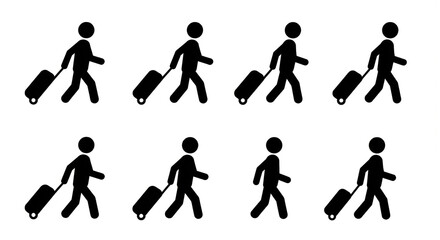 Naklejka premium Group of simple stick figure icons walking with rolling luggage in a repeating pattern