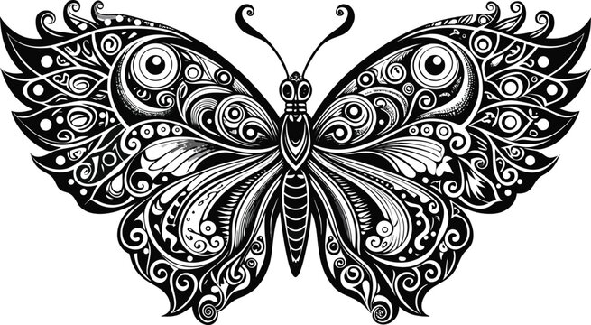 A detailed black and white vintage floral butterfly tattoo design vector with ornate wings and natural elements