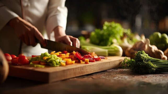 Chef cutting colorful bell peppers on a wooden board in a kitchen setting with fresh vegetables