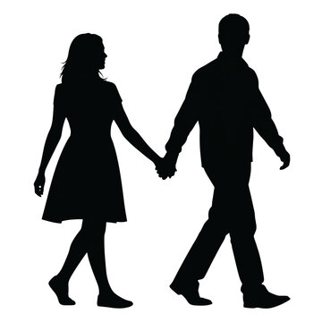 Silhouette of a couple holding hands walking together isolated on transparent background