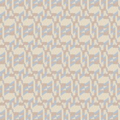 A textured seamless geometric pattern with a complex houndstooth-like design in beige, brown, and light blue