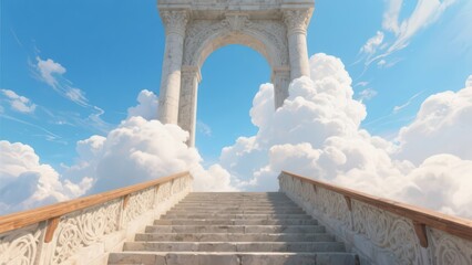 Fototapeta premium The Gateway to Heaven: A majestic stone archway opens to a beautiful, bright sky full of fluffy clouds, symbolizing a pathway to a new beginning, hope, and paradise.