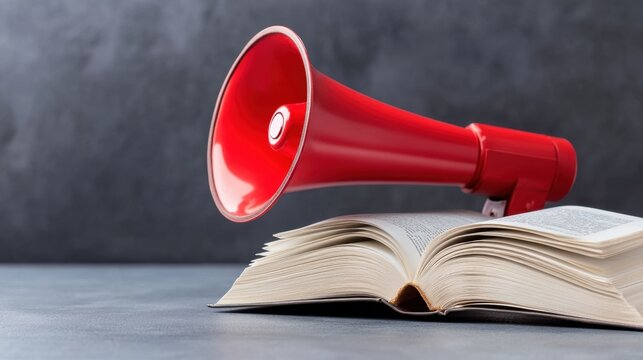 Book pages spread open beneath a red megaphone, signaling bold expression of knowledge