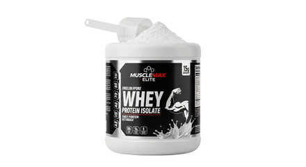 Whey protein powder tub with scoop isolated on transparent background