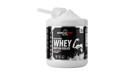 Whey protein powder tub with scoop isolated on transparent background