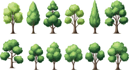 Cartoon-style tree set with diverse foliage shapes and colors, ideal for game design, animation, nature illustrations, and educational materials.