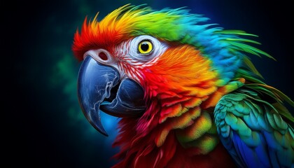 Obraz premium a vibrant parrot with a colorful plumage showcasing striking hues of blue green yellow and red against a dark background