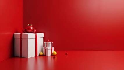 A white gift box with a red ribbon and a red ornament on top of it.