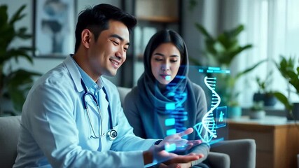 Doctor and patient reviewing holographic DNA in a consultation room - Powered by Adobe