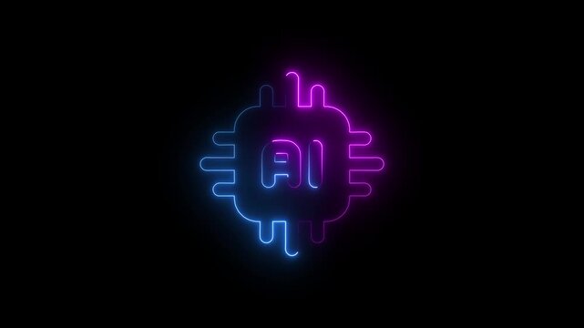 abstract Glowing neon microchip ai icon isolated on black background.  glowing neon AI technology neon line circuit symbol icon. Artificial Intelligence Chip with Glowing Circuit Lines concept.
