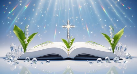 The Holy Word: A glowing cross rises from an open Bible as divine light and stars shine down from a beautiful sky, symbolizing Christian faith, hope, and the power of scripture.