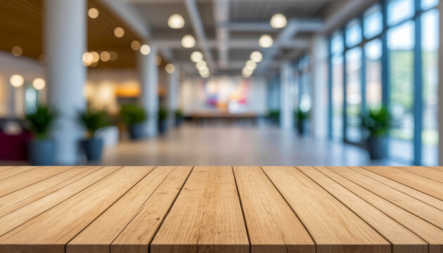Brown wooden table surface in foreground on blurred, out of focus room interior background.