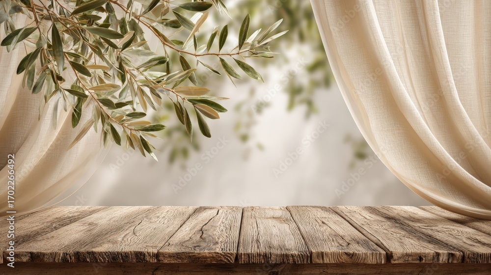 Poster rustic wooden table with olive branch overlay and soft curtain background for product display