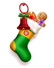 A green Christmas stocking filled with a gingerbread man, wrapped gift, and red bell adorned with a green bow, with soft shadow on white background.